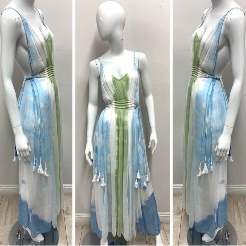 Gypsy 05 Backless Tie-Dye Maxi Dress in Blue, Green & White